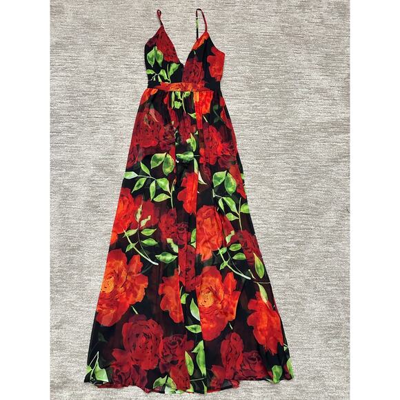 bebe Pants - Bebe Romper Maxi Dress Womens 0 Red Black Floral Deep V Neck Slits